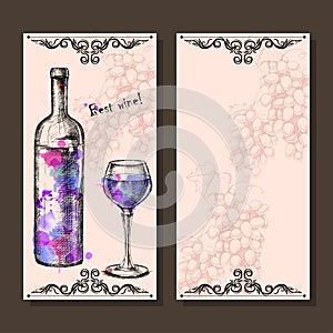 Card with grapes, wine on hand-drawing style