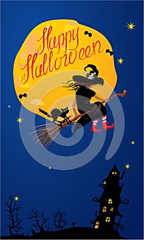 Card of Halloween night: witch and black cat flyin