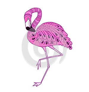 Card with hand drawn vector pink flamingo. Doodle