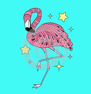 Card with hand drawn vector pink flamingo. Doodle