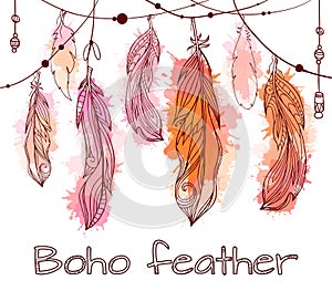 Card with hanging hand drawn feathers with boho pattern