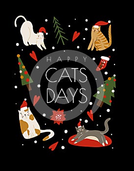 Card with happy cats. Merry Christmas holiday print.