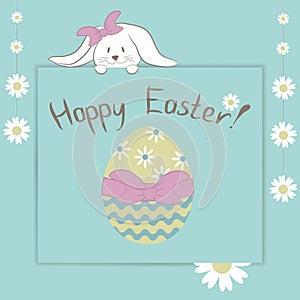 Card with `happy Easter` phrase, cute bunny, camomile flowers and colorful egg on blue background.