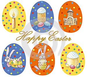 Card `Happy Easter` Set of multicolored easter eggs with different pattern and illustration in easter`s theme isolated on white