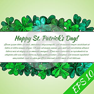 Card Happy St.Patrick day. Frame made from hand-drawn clover leaves.