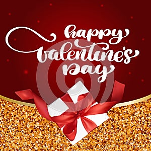 Card Happy Valentines Day hand drawn brush lettering with gift red background. Perfect for holiday flat design. Vector
