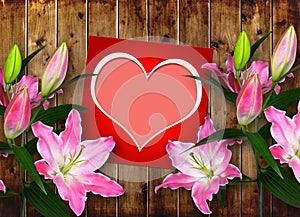 Card with heart and pink Lily flower