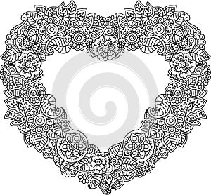 Card of Heart-shaped with flowers. Vector Coloring book for adult. Valentines day card. Weddings invitation.