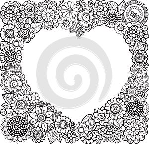 Card of Heart-shaped with flowers. Vector Coloring book for adult. Valentines day card. Weddings invitation. photo