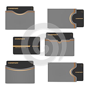 Card holder with plastic card, vector set. Blank sleeve envelope case for credit, gift or business cards