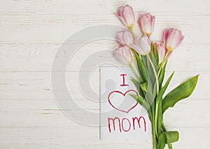 card i love mom flowers placed white wood table 2. High quality beautiful photo concept