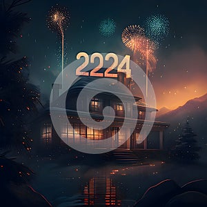 Card, illustration, graphic with house, inscription 2024 to celebrate the new year