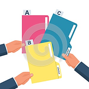 Card index in hand icon. Directory documents with numbering. Vector flat. photo