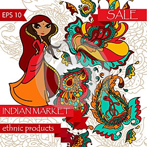 Card for indian/ethnic market with paisley ornament and cute indian woman