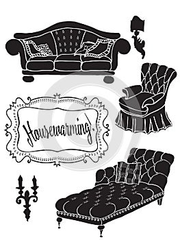 Card with inscription housewarming, silhouette of elegant classical furniture, sofa on white background isolated