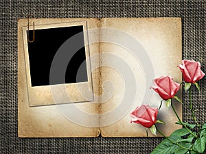 Card for invitation or congratulation with pink rose and old pho