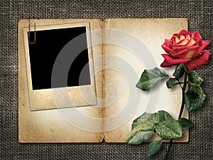 Card for invitation or congratulation with red rose and old phot