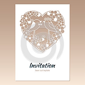 Card invitation with openwork heart and two birds.