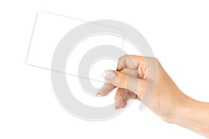 Card isolated. Hand holding blank business paper card isolated on white background. Empty credit template in person arm