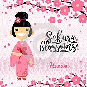 Card with Japanese girl, hanami festival, sakura blossom season. Vector illustration of flat design photo