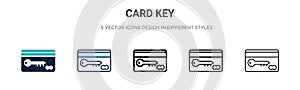 Card key icon in filled, thin line, outline and stroke style. Vector illustration of two colored and black card key vector icons