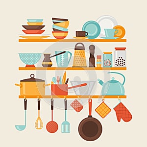 Card with kitchen shelves and cooking utensils in