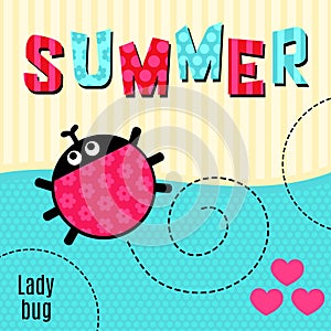 Card ladybug red that says summer vector illustration.