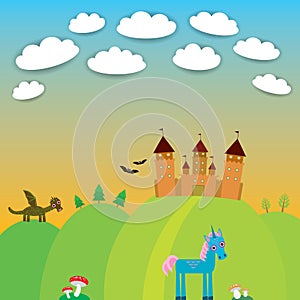 Card. landscape with castle wizard, Cartoon Dragon