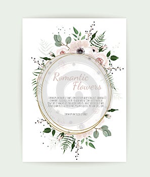 Card with leaves and geometrical frame. Floral poster.