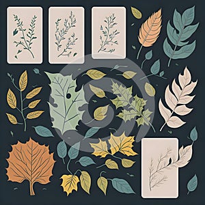 Card with leaves of various shapes on a dark green background