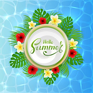 Card with lettering Hello Summer and palm leaves on water
