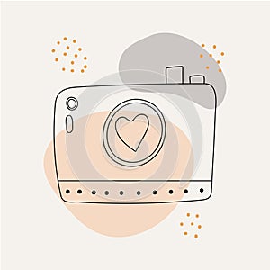 Card, line icon, photo camera with heart, spots and dots. Valentine\'s day elements and wedding doodles.