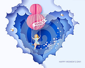 Card for 8 March womens day. Woman on teeterboard photo