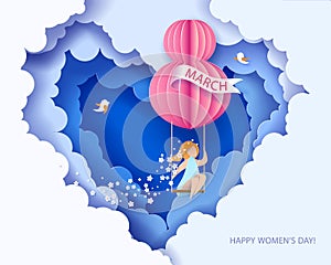 Card for 8 March womens day. Woman on teeterboard photo