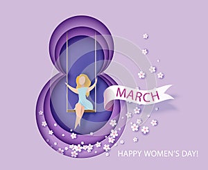 Card for 8 March womens day. Woman on teeterboard photo