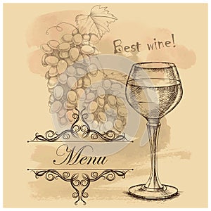 Card, menu with sketch grapes, wine