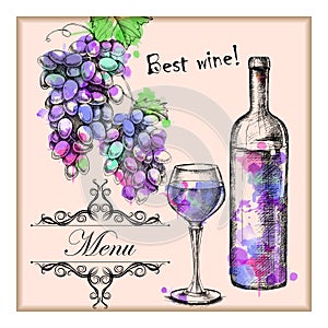 Card menu with sketch grapes, wine