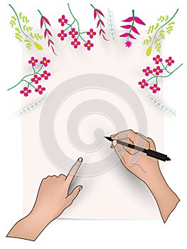 card mock up with hand holding pen to write or signature at work, top view with flower and copy Space