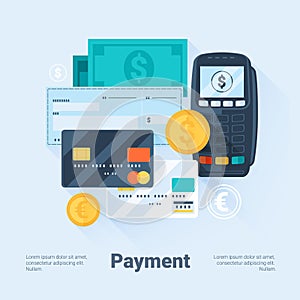 Card, Money, Coins and Cheque. Payment Methods Concept. Flat Style with Long Shadows. Clean Design. photo