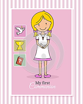 Card my first communion girl. Child with pigeon