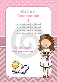 Card my first communion. Little girl with a candle.