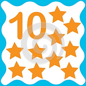 Card number 10 ten and star. Learning numbers and geometric shapes, mathematics. Game for children. Vector illustration