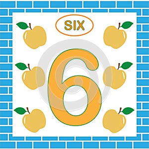Card with number 6 six. Education for children.