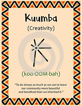 A card with one of the Kwanzaa principles. Symbol Kuumba means Creativity in Swahili. Poster with sign and description