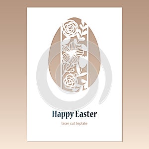 Card with openwork Easter egg with floral ornament and space for text. Laser cutting template