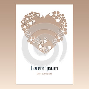 Card with openwork heart with flowers and space for text. Laser cutting template for greeting cards.