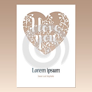 Card with openwork heart with inscription I love you. Laser cutting template for greeting cards.