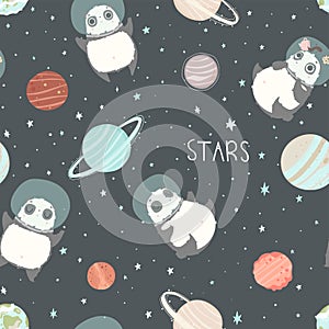 Card with pandas astronauts in helmets, stars and lettering text