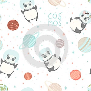 Card with pandas astronauts in helmets, stars and lettering text