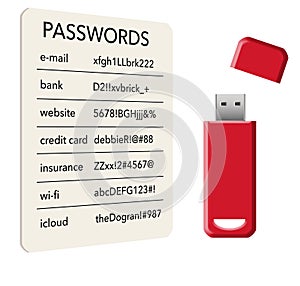 A card with passwords and a flash drive containing passwords are seen